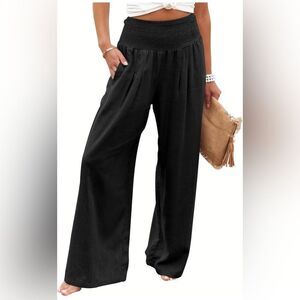 High Waisted Black Linen Palazzo Wide-Leg Pants, Size XL